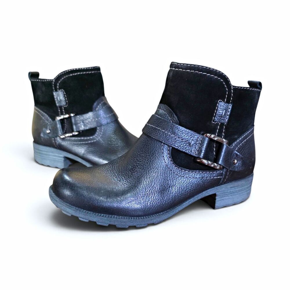 Earth Origins Paris Women's Ankle Boots Black Leather Suede Buckle Size 9.5 M